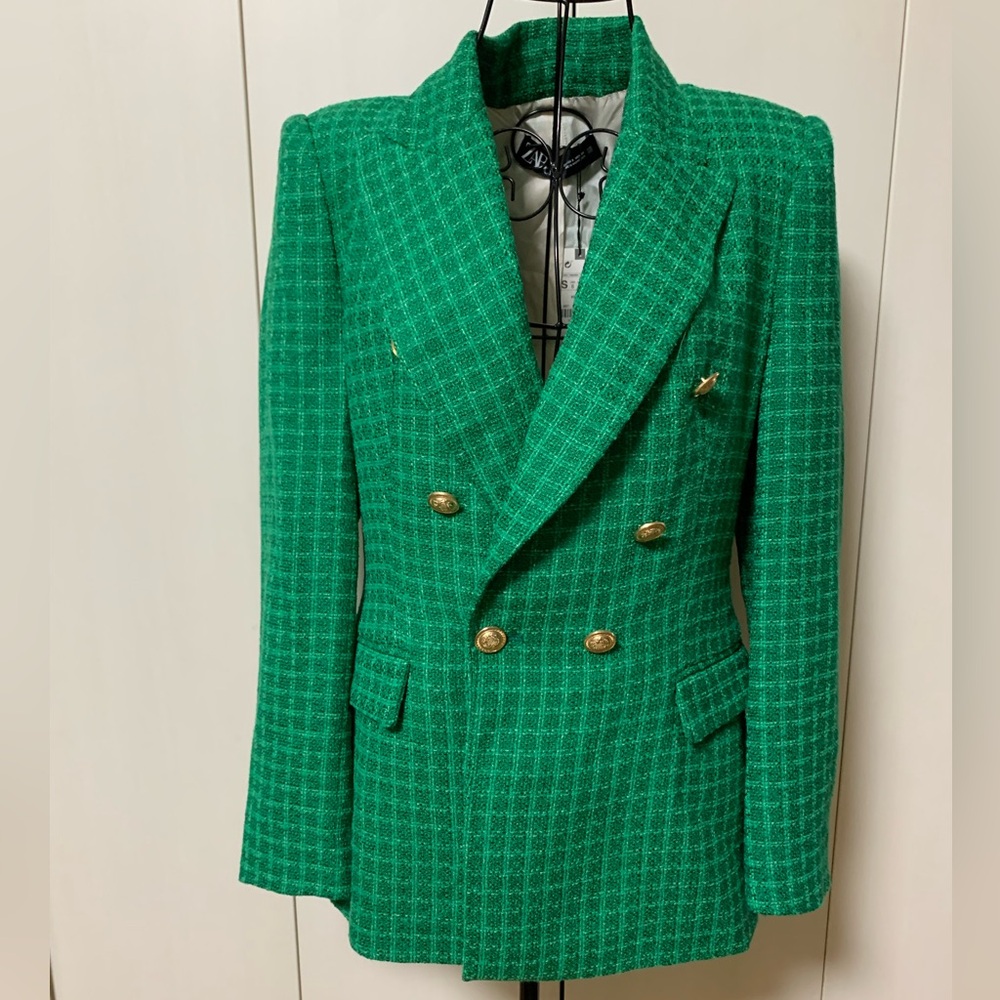 BNWT Zara Green Blazer with Checkered Pattern Sz S